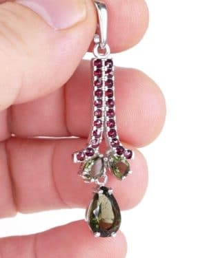 Faceted Moldavite Pear Cut With Garnets Sterling Silver Pendant (4.1gram)