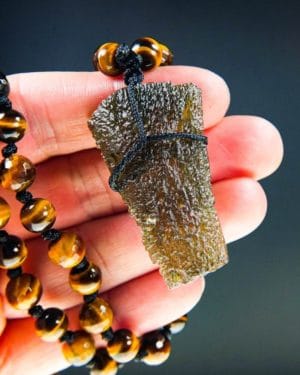 Unique Shape with Tiger's Eye Beads Moldavite Necklace (54.63grams)