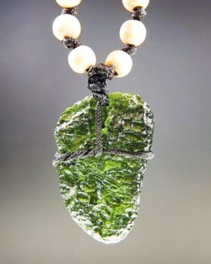 Natural Raw Moldavite Necklace with Wood Beads