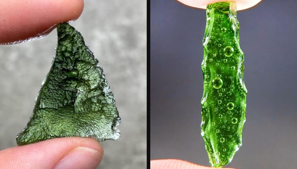 Genuine Czech moldavite next to a fake green glass moldavite full of round air bubbles
