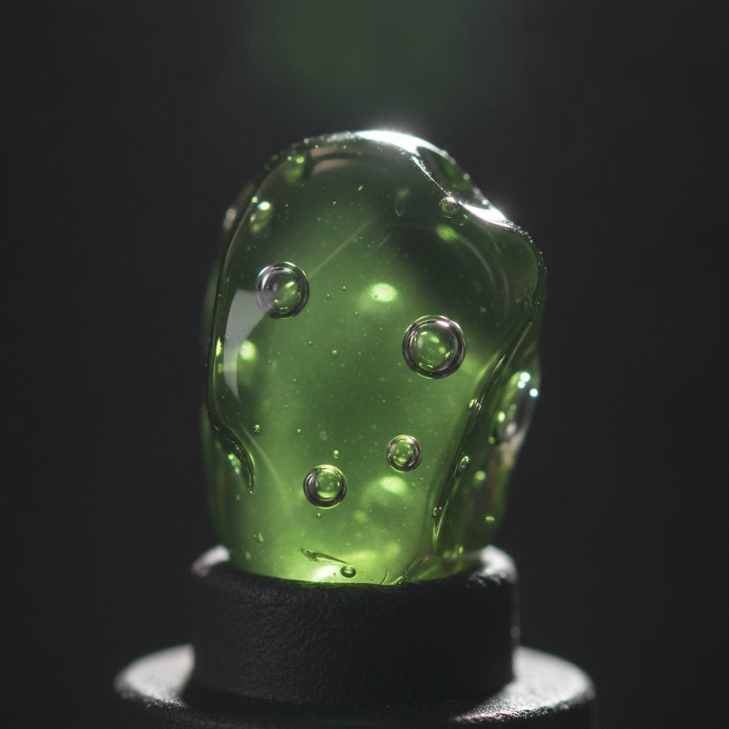 Fake moldavite made of green glass showing trapped round air bubbles