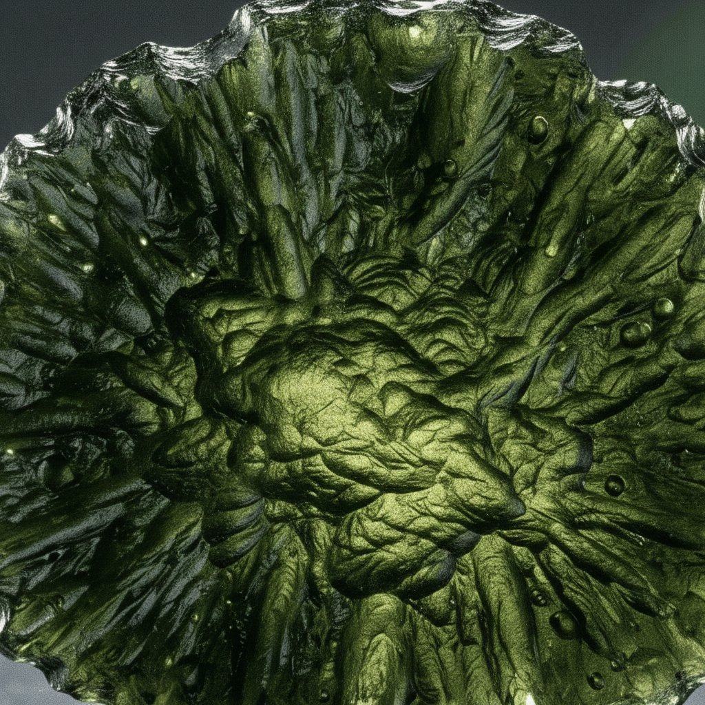 Macro of genuine moldavite surface showing the natural sculpted fern-like texture