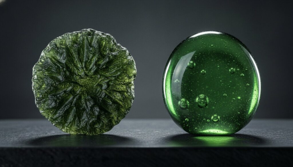 Real Besednice moldavite next to a fake green glass moldavite with air bubbles